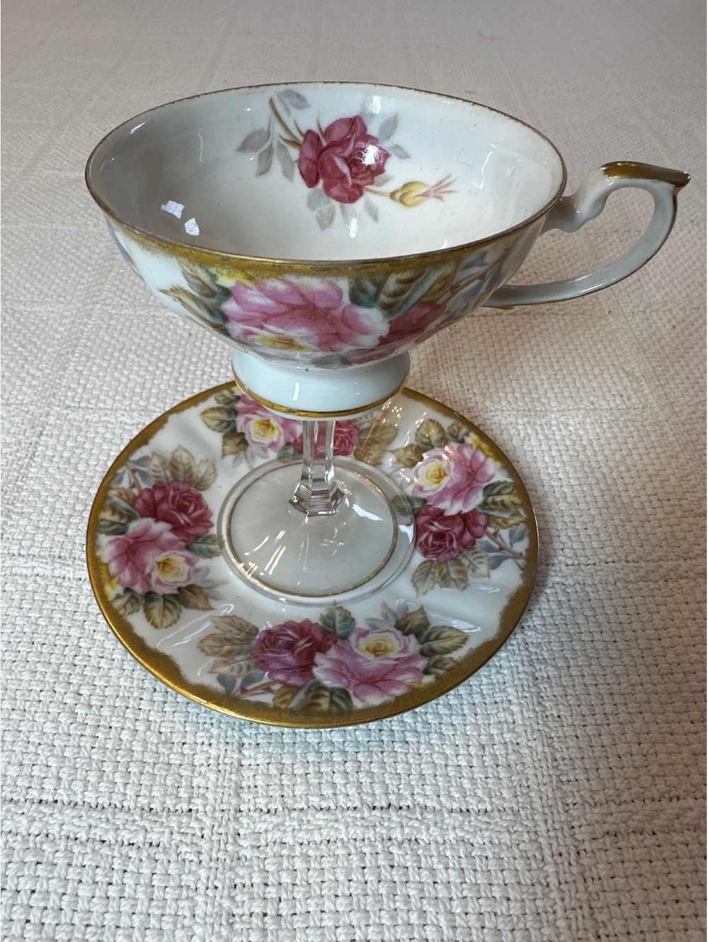 Vintage Porcelain Tea Cup wine/ champagne glass with Saucer and Glass Stem